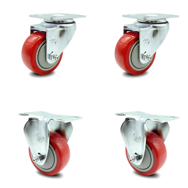 3 Inch Red Polyurethane Wheel Swivel Top Plate Caster Set with 2 Rigid SCC